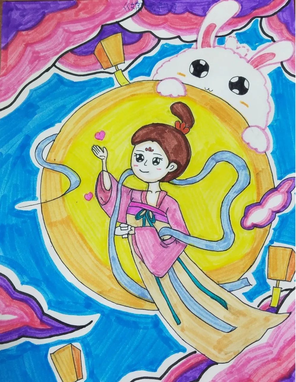 简单漂亮的嫦娥奔月儿童画优秀作品